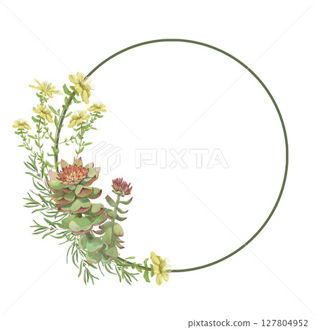 Watercolor frame of Rhodiola rosea,rosemary,Hypericum.Hand-drawn clip-art on white background. Delicate realistic images of herbs for packaging, textiles, printing, holiday cards,wedding,menu 127804952