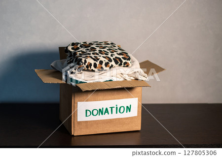 female organizes selection of clothes garments into donation box. Charitable giving. Helping people through clothing donations. 127805306