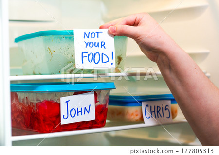 Dramatic and angry stickers on meal prep containers in work fridge. Great for office themed social media content, viral workplace trends and humor. 127805313