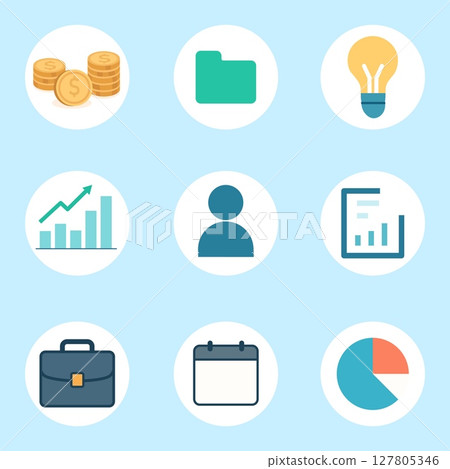 Set of flat vector business and finance icons: coins, folder, light bulb, chart, calendar, briefcase. Perfect for infographics, web design, presentations. 127805346