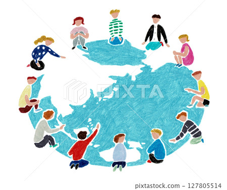 手繪插圖：兒童會議：孩子們在地球儀上圍成一圈討論 127805514