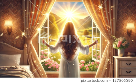 A woman opens the window and enjoys the bright morning sun 127805590