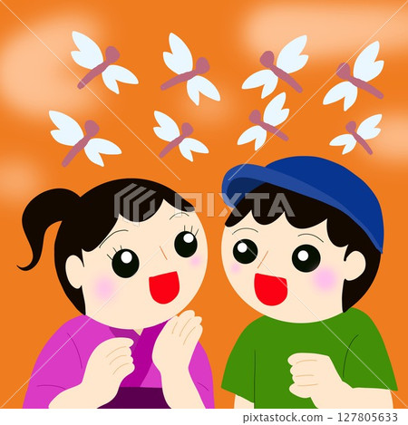 A swarm of dragonflies and a boy and girl 127805633