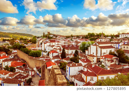 Aerial view of Obidos with historic walls and castle, Leiria district, Portugal 127805895