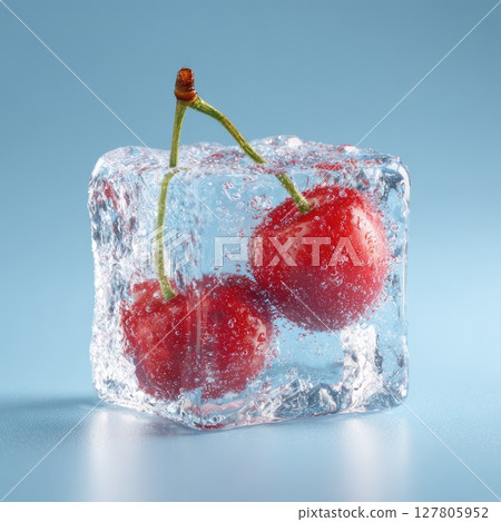 Frozen cherries immersed in clear ice showcasing vibrant colors and textures in a captivating still life composition 127805952