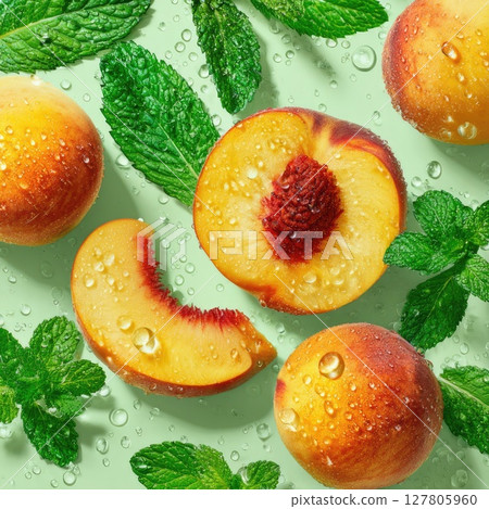 Vibrant fresh peach slices with droplets on a pastel background surrounded by mint leaves 127805960