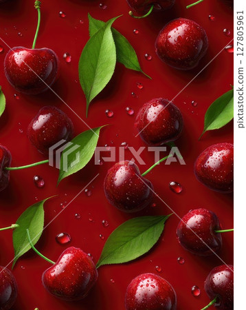 Vibrant arrangement of juicy ripe cherries with green leaves on a deep red background. seamless pattern 127805961