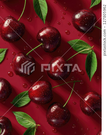 Ripe cherries glistening with water droplets on a vibrant red background surrounded by fresh green leaves 127805962