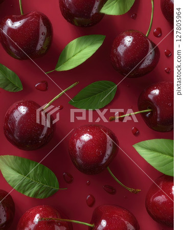 Juicy ripe cherries arranged beautifully with green leaves on a vibrant red background 127805964