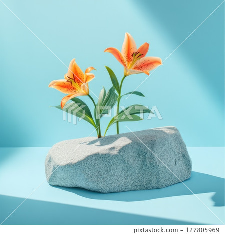 Bright orange lilies bloom on a rough stone against a light blue background, showcasing their natural beauty in a serene studio setting 127805969