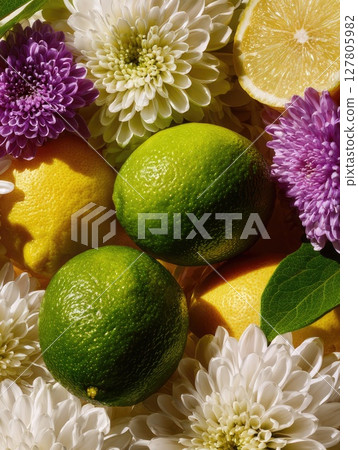 Vibrant composition of fresh limes and colorful flowers in a dynamic arrangement for a refreshing visual appeal Vibrant composition of fresh limes and colorful flowers in a dynamic arrangement for a refreshing visual appeal 127805982