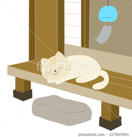A cat taking a nap on the veranda and a wind chime A cat taking a nap on the veranda and a wind chime 127805991