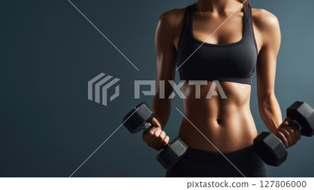 a girl demonstrates her physical fitness with dumbbells in a modern gym during a workout 127806000