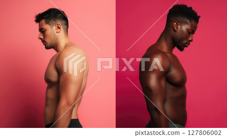 Two homosexual men of different races turned away from each other in shame. The concept of infidelity with the consequence of contracting AIDS 127806002