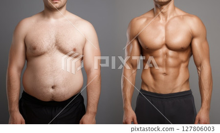 Transformation of two male bodies showcasing a journey from thick to slender with muscle definition 127806003