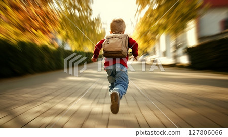 Happy elementary school student running joyfully along a sidewalk on a sunny autumn day, filled with excitement and energy as the new school year begins Happy elementary school student running joyfully along a sidewalk on a sunny autumn day, filled with excitement and energy as the new school year begins 127806066