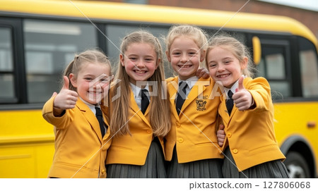Four happy schoolgirls wearing uniforms and showing thumbs up gesture are standing in front of yellow school bus, excited for the new school year 127806068