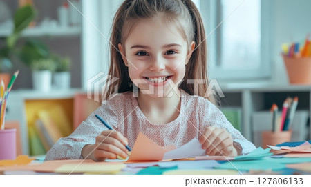Portrait of a smiling little girl happily drawing and cutting colorful paper while sitting at a table, immersed in a creative activity at home or in kindergarten, celebrating the joy of learning Portrait of a smiling little girl happily drawing and cutting colorful paper while sitting at a table, immersed in a creative activity at home or in kindergarten, celebrating the joy of learning 127806133