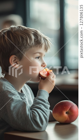 Preschooler boy enjoying a healthy snack of fresh peach slices during his school break time, promoting healthy eating habits for young children Preschooler boy enjoying a healthy snack of fresh peach slices during his school break time, promoting healthy eating habits for young children 127806135