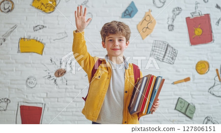 Young student with a backpack and books raising his hand in a vibrant classroom filled with colorful drawings, eager to participate and embrace new learning experiences 127806151