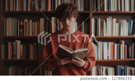 Concentrated student is standing and reading a book in a library, immersed in the world of literature, with shelves full of books behind him, creating a cozy and studious atmosphere 127806153
