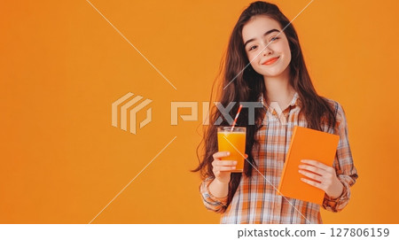 Happy student holding a glass of refreshing orange juice and an orange book, smiling brightly against a vibrant orange background, embracing the excitement of back to school 127806159