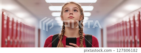 Thoughtful high school student walks down the school hallway, holding a smartphone and looking up, possibly contemplating her next class or upcoming school day Thoughtful high school student walks down the school hallway, holding a smartphone and looking up, possibly contemplating her next class or upcoming school day 127806182