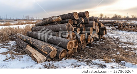 stack of wood logs in the winter forest 127806264