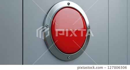 Red Button Shines on Gray Wall, Industrial Design Concept Red Button Shines on Gray Wall, Industrial Design Concept 127806306