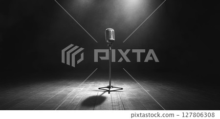 Vintage Microphone Stands on Stage Under Spotlight with Dramatic Lighting, Open Mic Night Concept Vintage Microphone Stands on Stage Under Spotlight with Dramatic Lighting, Open Mic Night Concept 127806308