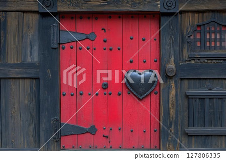 Red Door Shows Heart Decoration and Traditional Wood Design with Rustic Charm and Cultural Heritage. 127806335