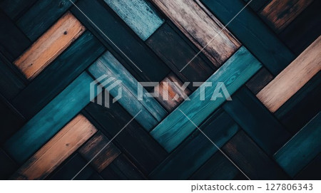 Wooden Planks Form Intricate Pattern, Rustic Texture and Geometric Design with Teal and Brown Hues, Woodworking Craftsmanship. Wooden Planks Form Intricate Pattern, Rustic Texture and Geometric Design with Teal and Brown Hues, Woodworking Craftsmanship. 127806343