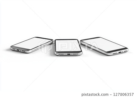 Three Smartphones Lay on White Background, Modern Technology Concept Three Smartphones Lay on White Background, Modern Technology Concept 127806357