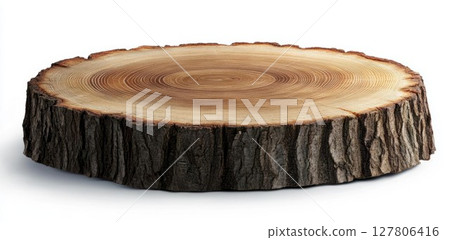 Tree Stump Shows Growth Rings on White Background, Rustic Display Piece Tree Stump Shows Growth Rings on White Background, Rustic Display Piece 127806416