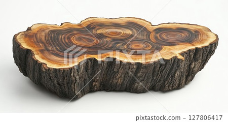 Tree Slice Shows Growth Rings and Bark Texture, Highlighting Nature's Artistry. 127806417
