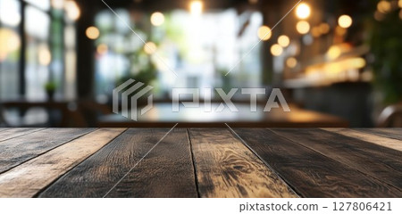 Empty Wooden Table Presents Blurry Cafe Background with Warm Lighting. Cozy Interior Design Concept. 127806421