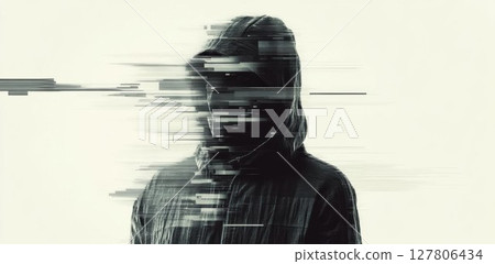 Anonymous Figure Disappears into Digital Distortion with Glitch Art Effect and Privacy Theme. Anonymous Figure Disappears into Digital Distortion with Glitch Art Effect and Privacy Theme. 127806434