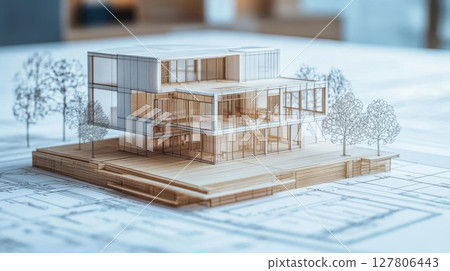 Architectural Model Sits On Blueprint Showing Modern House Design with Sustainable Living Concept 127806443
