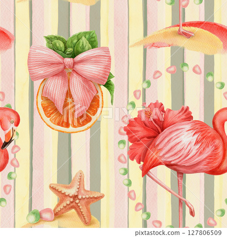 Seamless pattern with flamingo hibiscus and orange in watercolor trendy style. Pink tropical illustration on striped background. Perfect for summer fabric or wallpaper and romantic decorative print. 127806509