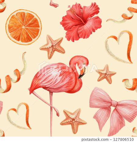 Seamless pattern with flamingo hibiscus and starfish in watercolor trendy style. Pink tropical illustration on yellow background. Perfect for summer fabric or wallpaper and romantic decorative print. 127806510