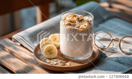 Glass of creamy yogurt topped with banana slices and oats sits on wooden tray beside newspaper and glasses 127806688