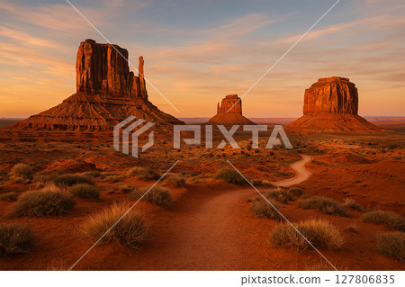 Golden Sunset Over Monument Valley Trail and Sandstone Buttes 127806835