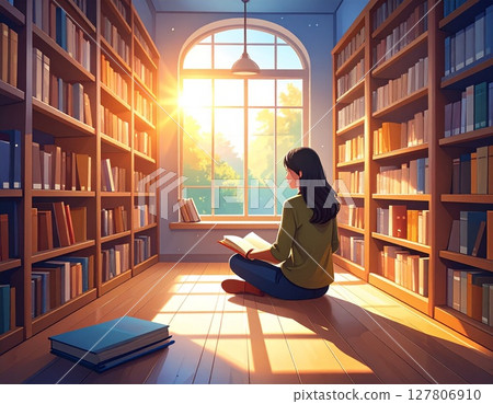 Morning sun in the library and a woman reading 127806910
