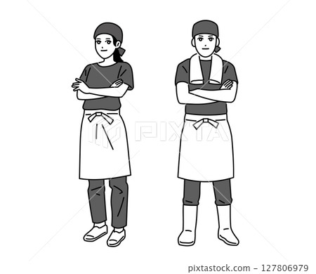 Male and female ramen shop staff with arms folded Male and female ramen shop staff with arms folded 127806979