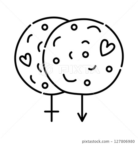 Cookie, male and female sign of Mars and Venus, vector black line icon 127806980