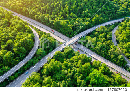 Aerial View of Busy Urban Highway Intersection Surrounded by Lush Green Forest and Trees 127807020