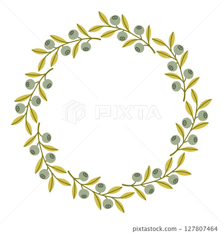 Autumn berry circle frame. Round border made of fall berries. The berries have different shapes and are arranged in a circle. Vector flat isolated on white background. Autumn berry circle frame. Round border made of fall berries. The berries have different shapes and are arranged in a circle. Vector flat isolated on white background. 127807464