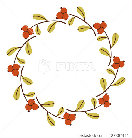 Autumn berry circle frame. Round border made of fall berries. The berries have different shapes and are arranged in a circle. Vector flat isolated on white background. Autumn berry circle frame. Round border made of fall berries. The berries have different shapes and are arranged in a circle. Vector flat isolated on white background. 127807465