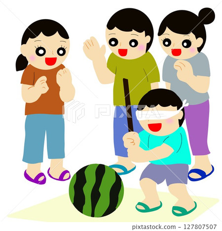 Family enjoying watermelon split 127807507