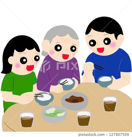 A scene of people gathering at the dinner table to enjoy grandma's home-cooked meal 127807509